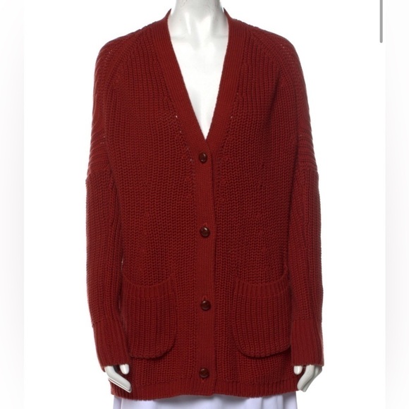 CRIPPEN Brick Red Cableknit Grandpa Cardigan with Pockets - Picture 1 of 13